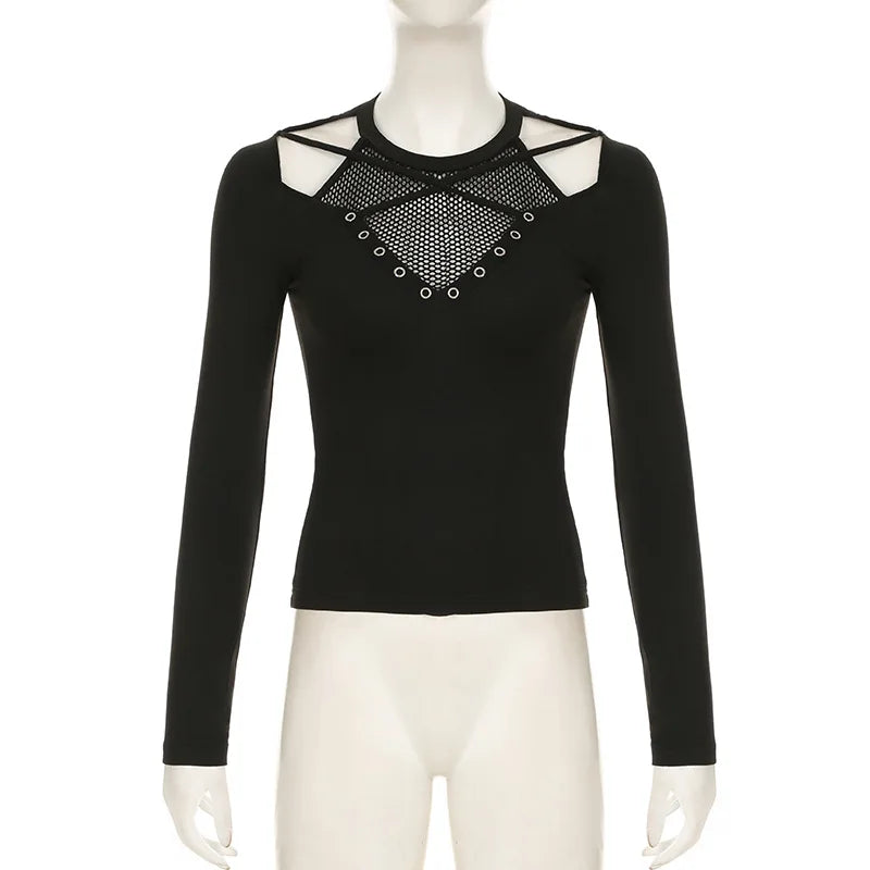 Goth Dark Solid Techwear Chic Irregular Grid Hollow Out T-shirt Mall Goth See Through Slim Tops Women Y2K Streetwear T-shirts