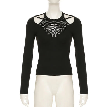 Goth Dark Solid Techwear Chic Irregular Grid Hollow Out T-shirt Mall Goth See Through Slim Tops Women Y2K Streetwear T-shirts