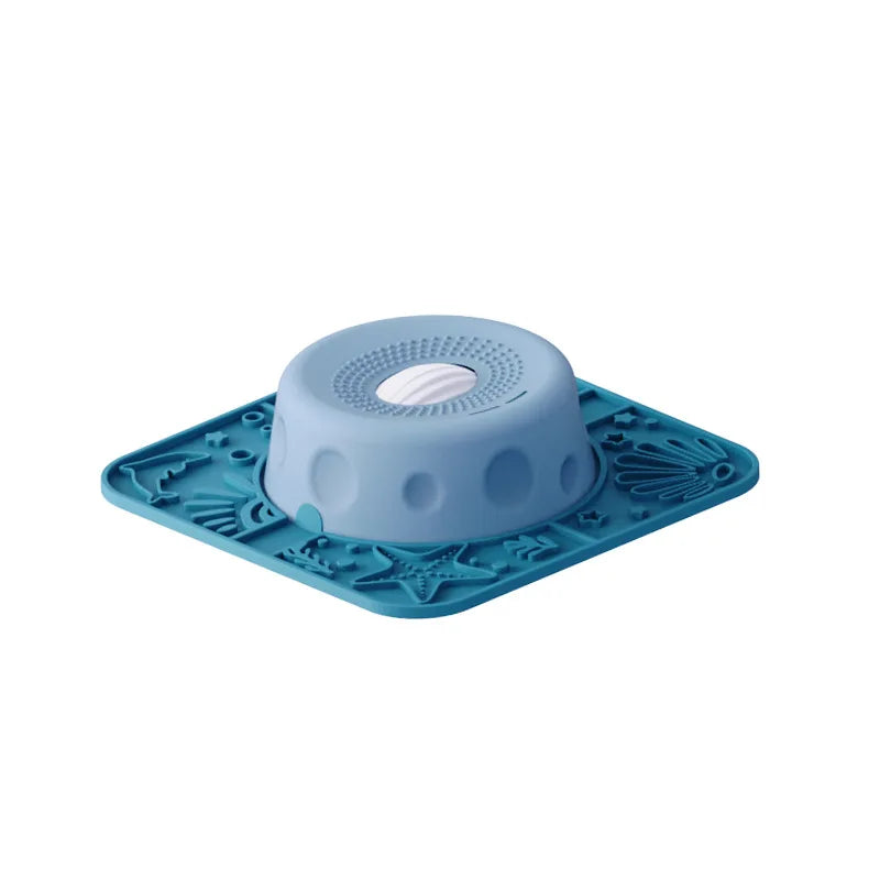 New Double-bowl Pet Licks-and-eats Bowls with Fun Rollers At The Bottom and Suction Cups. for Dogs and Cats. Licking Pads.