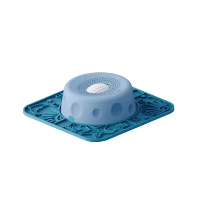 New Double-bowl Pet Licks-and-eats Bowls with Fun Rollers At The Bottom and Suction Cups. for Dogs and Cats. Licking Pads.