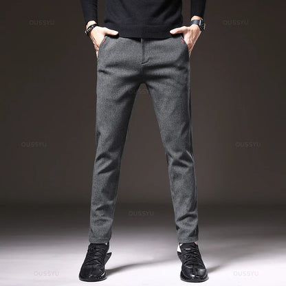 Spring Men's Casual Pants Business Fashion Elastic Waist Slim Fit Stretch Thick Gray Black Cotton Trousers Male