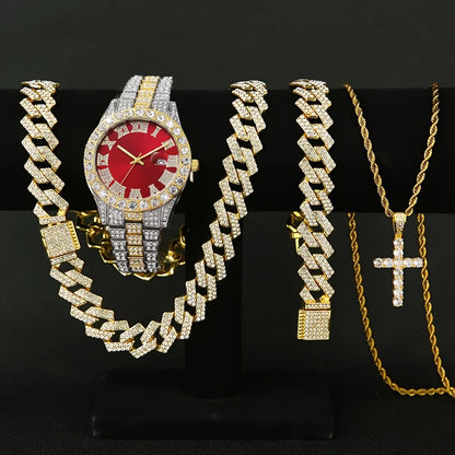 3/4PCS Hip Hop Iced Out Men's Watch Jewelry Set Luxury Rhinestone Quartz Wristwatch Cuban Link Chain Accessories（Without Box）