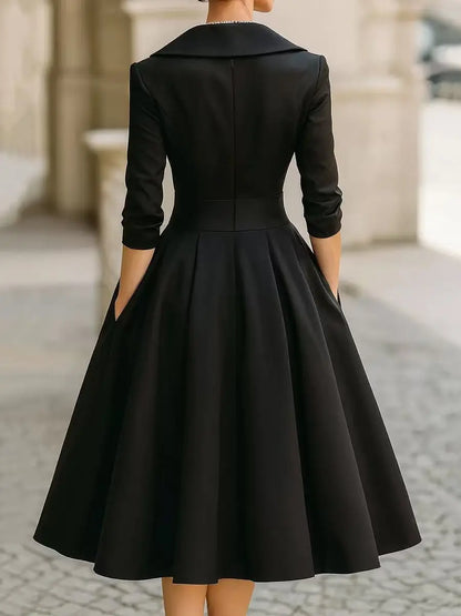 Office Lady Slim A-Line Dress Women 2025 Autumn Winter Fashion Long Sleeve Turn-down Collar Maxi Dresses Elegant Vestidos