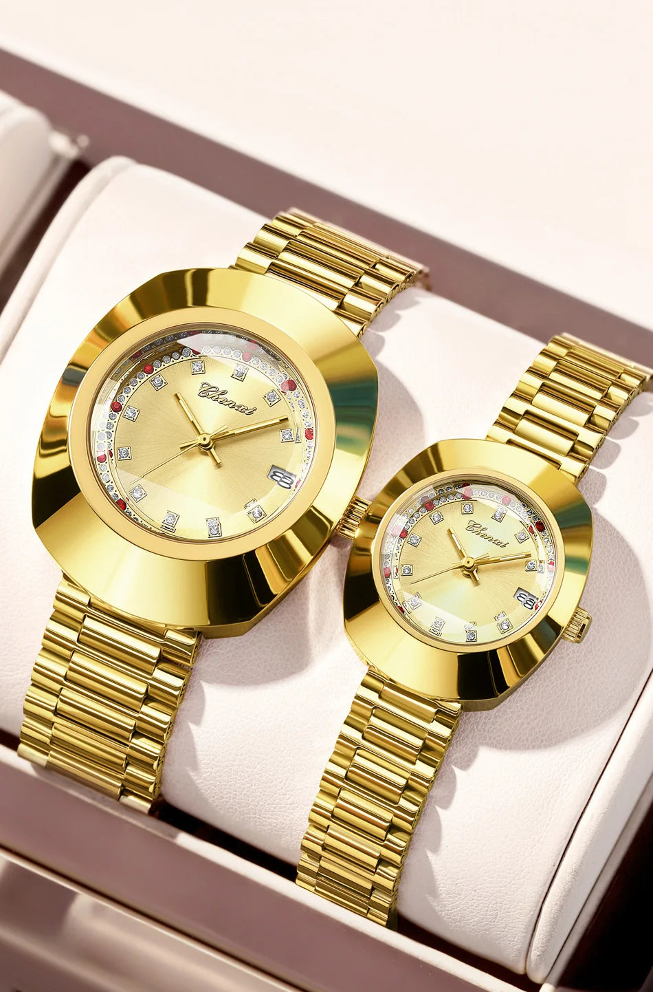 CHENXI Couple's Matching Quartz Watches Gold-Tone High-Fashion Diamond-Studded Waterproof Steel Bracelet Timepieces
