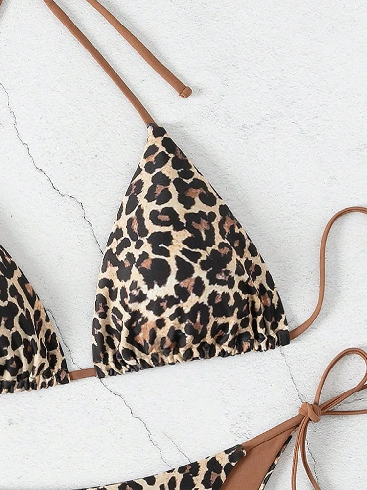 Sexy Leopard Print Two Piece Swimsuit Set Triangle Bra Suspender Halter Backless Bikini Set Beach Vacation Lace-up Swimwear 2025