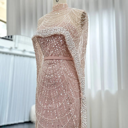 Sharon Said Luxury Pearls Dubai Champagne Evening Dresses with Cape New Arabic Women Mermaid Wedding Party Prom Dress SS369