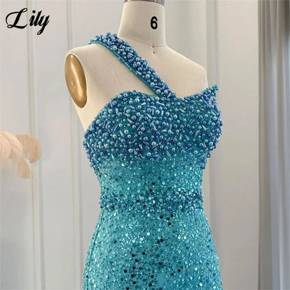 Lily Blue Gorgeous Rhinestones Prom Dresses One Shoulder Sleeveless Evening Dress Pearls Sequins Mermaid Party Gowns Customized