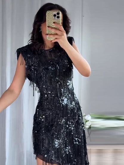 Women Dress Female Clothing Evening Dresses Sleeveless Sequin Dress Sexy Mini Dresses Fringe Hem Gown Trendy Party Clothes