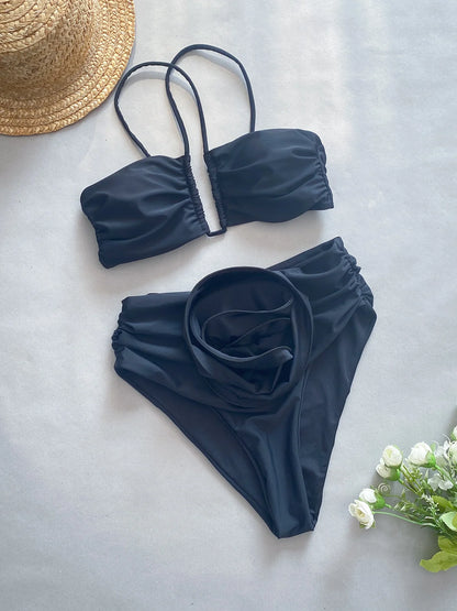 Sexy Bikini 2024 High Waist Bikini Set Bandeau Halter Women Swimsuit Female Swimwear Flower Biquini Swimming Suit Beachwear