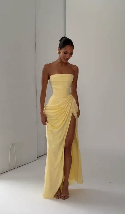 Elegant Yellow Strapless Pleated Dress Women Chic Sleeveless Waist Cinching Split Maxi Gowns Lady Evening Party Dresses 2026 New