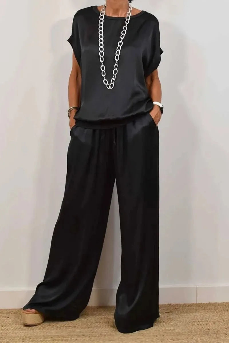 Casual Loose Satin T Shirt Pants Two Piece Sets Women Fashion O-neck Short Sleeve T Shirts Suit Spring Summer Wide Leg Pant Sets