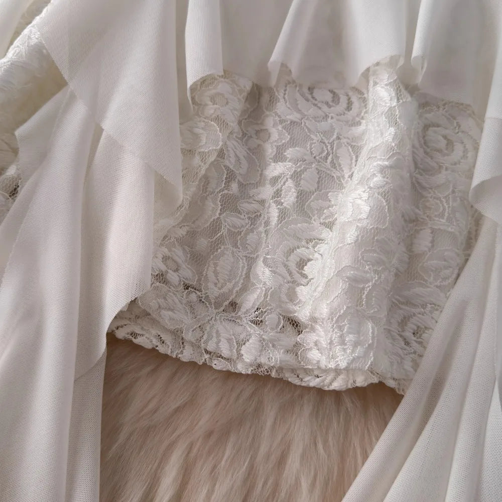 Foamlina French Style White Strapless Dress Women Summer Lace Irregular Flanged Ribbon Design Girl's Holiday Shopping Dresses