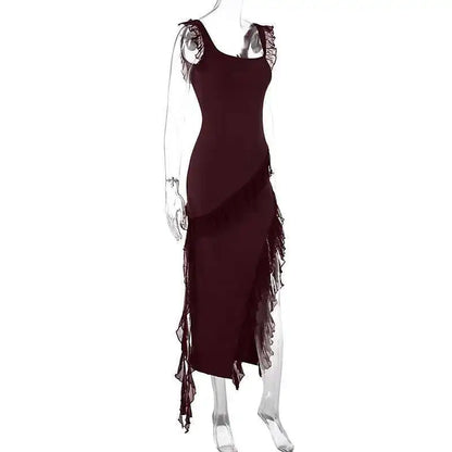 Giyu Sexy Ruffles Summer Dress 2025 Women Clothing Elegant Holiday Club Evening Party Dresses Slash Neck Split Bodycon Long Robe