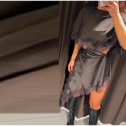 Sexy Lace Patchwork Waist Revealing Dress Women Fashion O-neck Short Sleeve High Waist Slim Dresses Female New Chic Casual Robe
