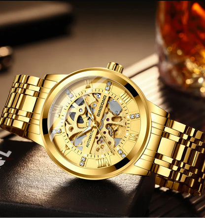 Bindond Mens Automatic Mechanical Watches Top Brand Luxury Stainless Steel Waterproof Hollow Male Wristwatches Relogio Masculino