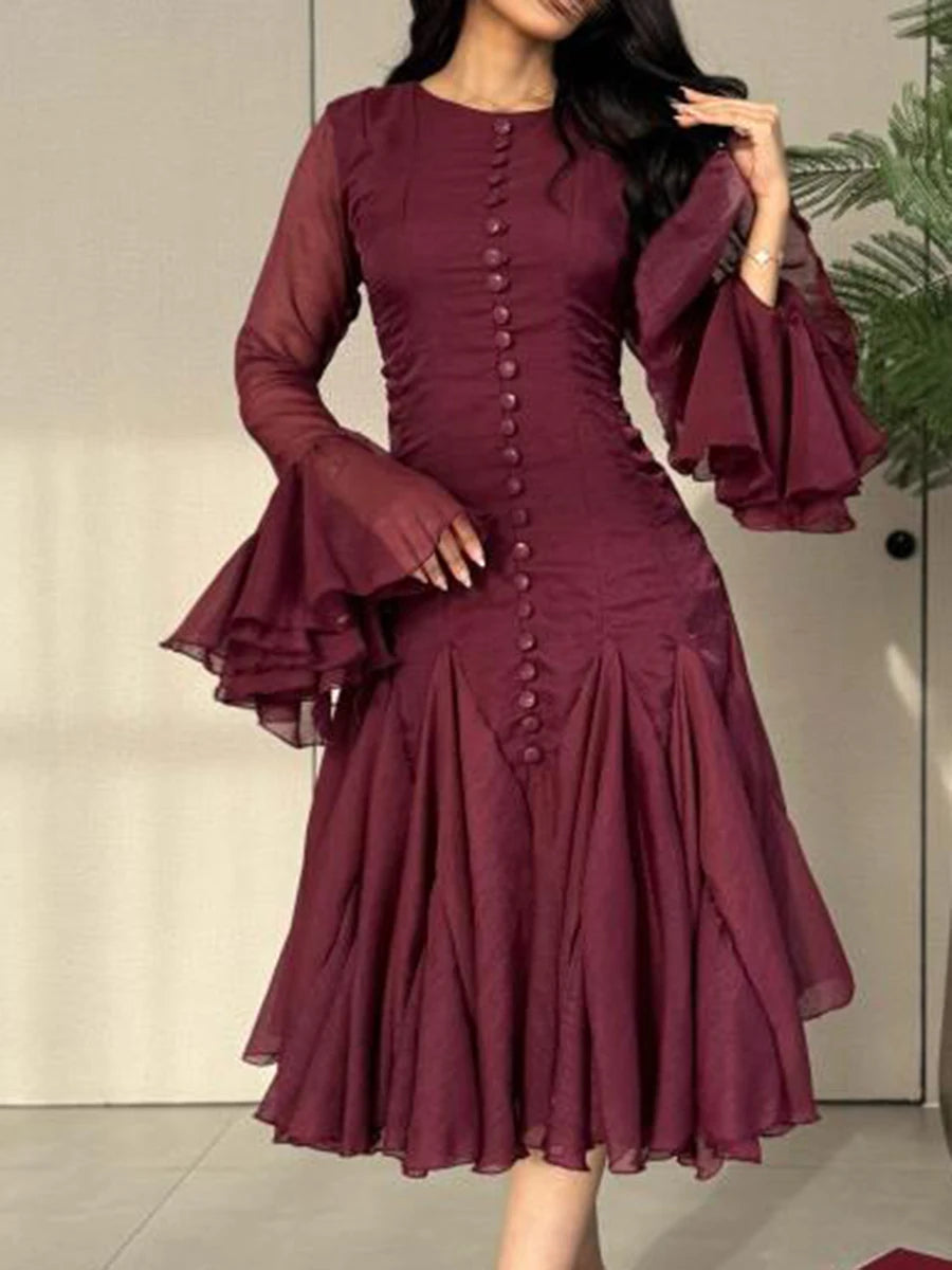 VGH Sweet Ruffles Elegant Knee Length Dresses for Women Round Neck Flare Sleeve High Waist Spliced Button  A Line Dress Female