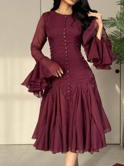 VGH Sweet Ruffles Elegant Knee Length Dresses for Women Round Neck Flare Sleeve High Waist Spliced Button  A Line Dress Female