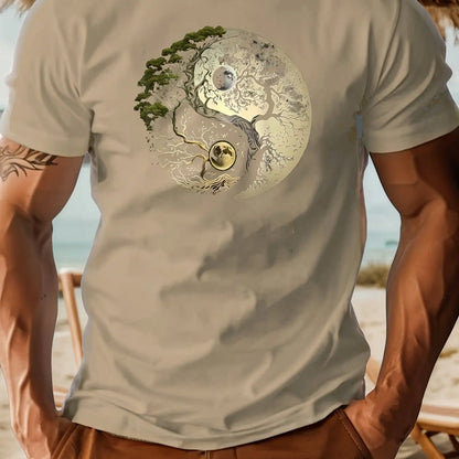Men's summer 100% pure cotton fashionable casual loose sports yin-yang tree pattern print round neck short sleeved T-shirt top