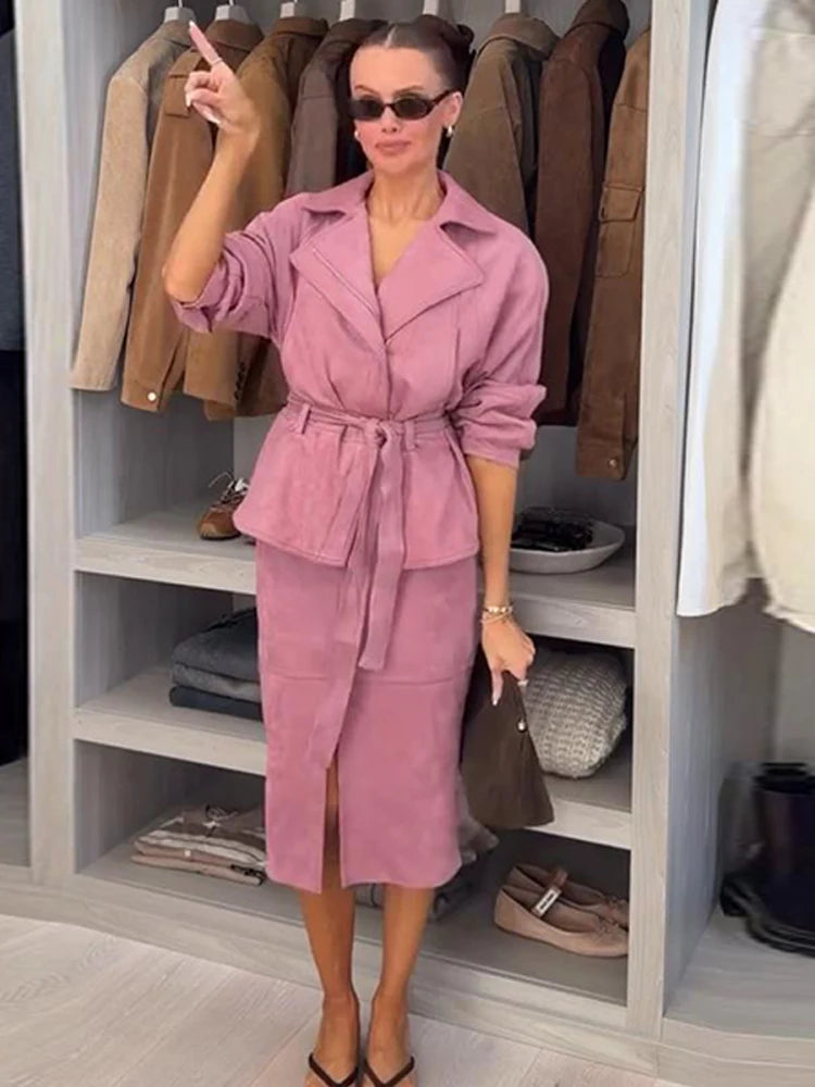 Women's Faux Suede Cropped Trench Coat Jacket Belted Notched Lapel Lace-up Retro Chic Outerwear Spring New High Street Outfit
