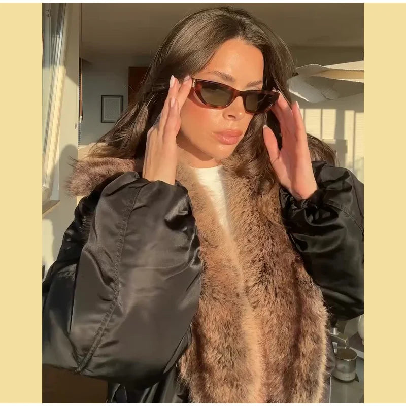 Fashion Faux Fur Patchwork Jacket Women Stand Collar Full Sleeve Warm Lace Up Loose Jackets 2026 Lady New Casual Outwear Street