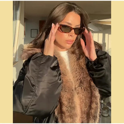 Fashion Faux Fur Patchwork Jacket Women Stand Collar Full Sleeve Warm Lace Up Loose Jackets 2026 Lady New Casual Outwear Street