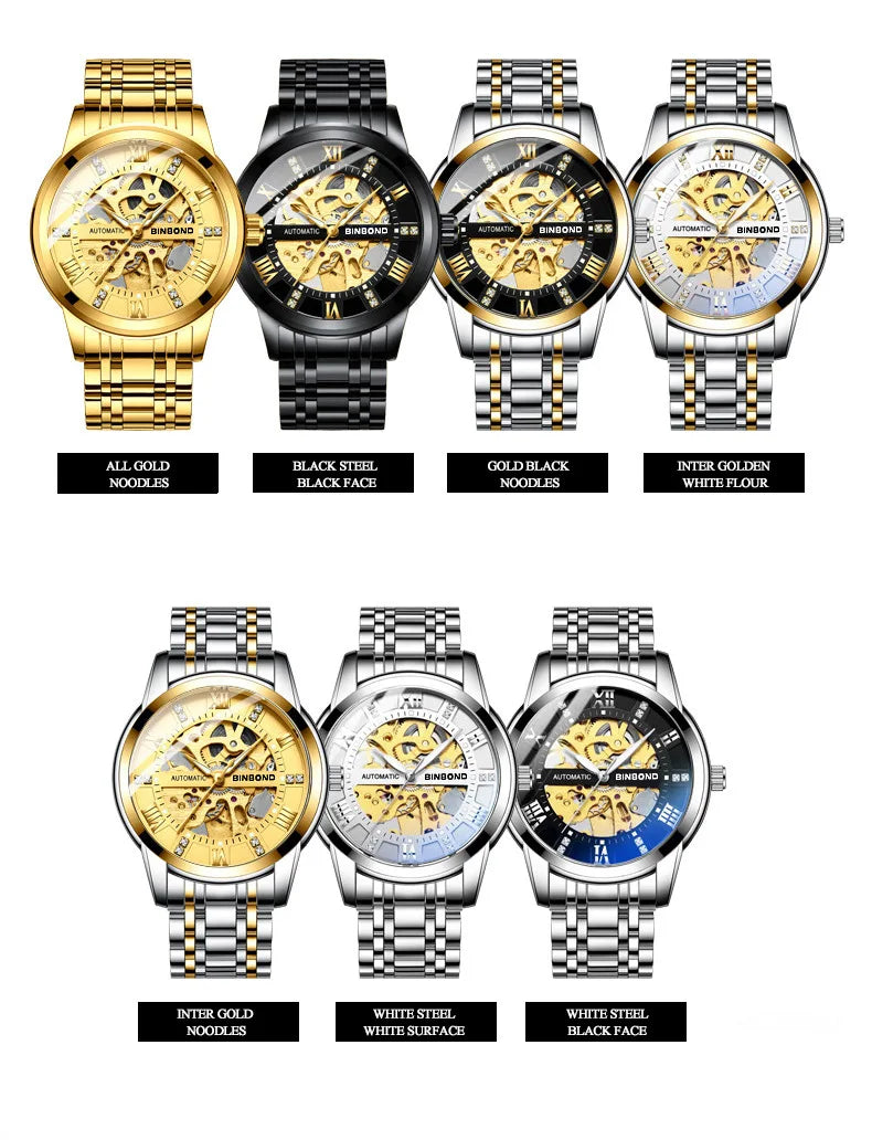 Bindond Mens Automatic Mechanical Watches Top Brand Luxury Stainless Steel Waterproof Hollow Male Wristwatches Relogio Masculino