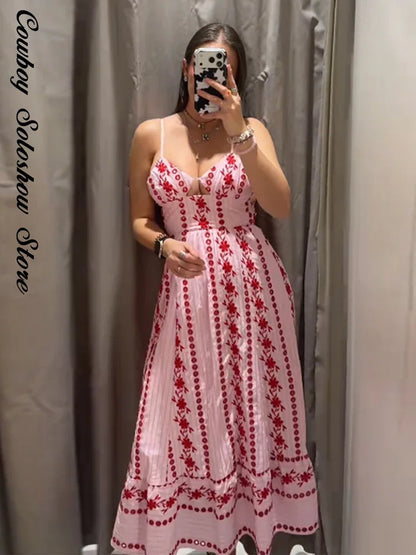 Printed Ruffle Top Skirt Set Women Slim Sling Sleeveless Backless Vest Straight Long Skirts 2025 Summer Elegant Sexy Lady Outfit
