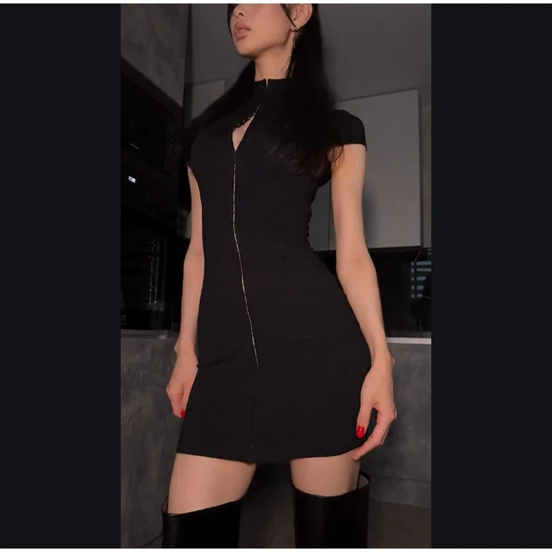 Black Hollow Out Kpop Mini Dress Women Elegant Turtleneck Short Sleeve High Waist Slim Dresses 2026 Lady Party Club Robes
