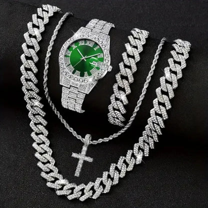 3/4PCS Hip Hop Iced Out Men's Watch Jewelry Set Luxury Rhinestone Quartz Wristwatch Cuban Link Chain Accessories（Without Box）