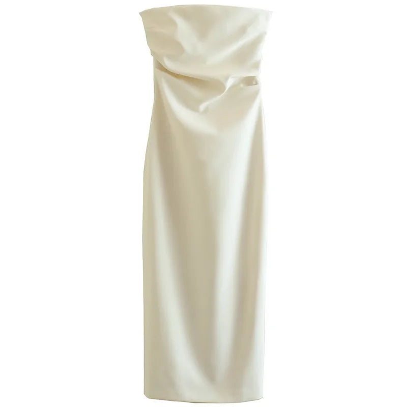 HXAO 2025 Womens Strapless Dresses Summer Off White Black White Dress Midi Ruffled Off Shoulder Backless Dress Prom Vestidos 066