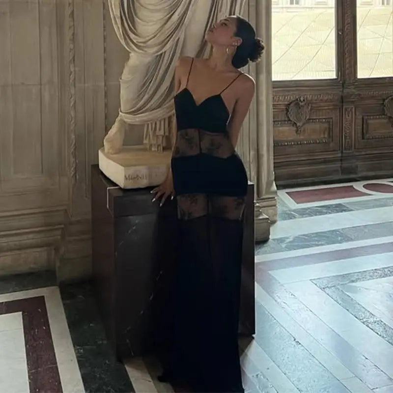 Elegant Lace Spliced Halter Long Dress Women Sexy Backless See Through Female Party Dresses 2025 Summer Lady Chic Evening Gowns