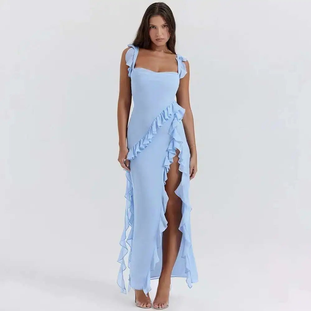 Giyu Sexy Ruffles Summer Dress 2025 Women Clothing Elegant Holiday Club Evening Party Dresses Slash Neck Split Bodycon Long Robe