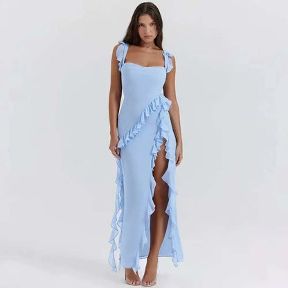 Giyu Sexy Ruffles Summer Dress 2025 Women Clothing Elegant Holiday Club Evening Party Dresses Slash Neck Split Bodycon Long Robe