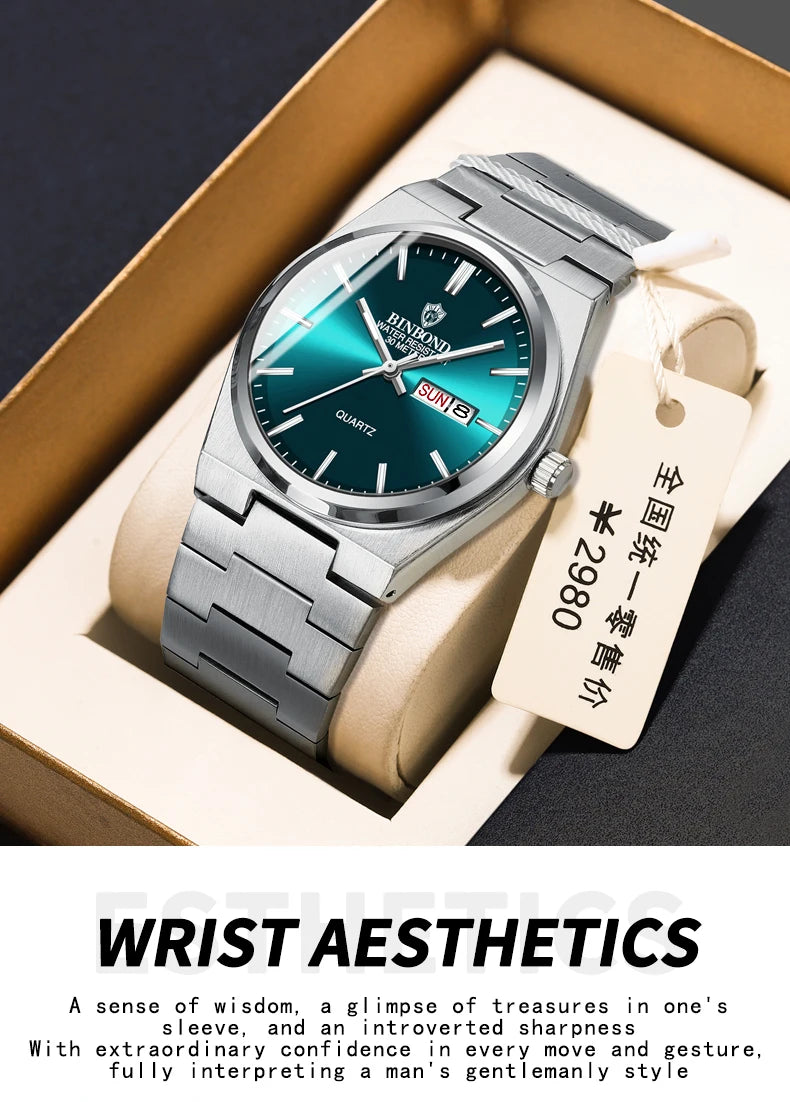 BINBOND Fashion B102 Men Business Watch Leisure Quartz Stainless Steel Buckle Watches Waterproof Luminous Calendar Men's Watches