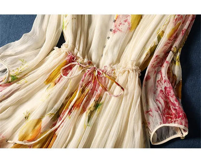Limiguyue Summer Floral Print Silk Dresses Double Layers Ruffle Beaded Button A-Line Dress Elegant Chiffon Long Vestidos Z044