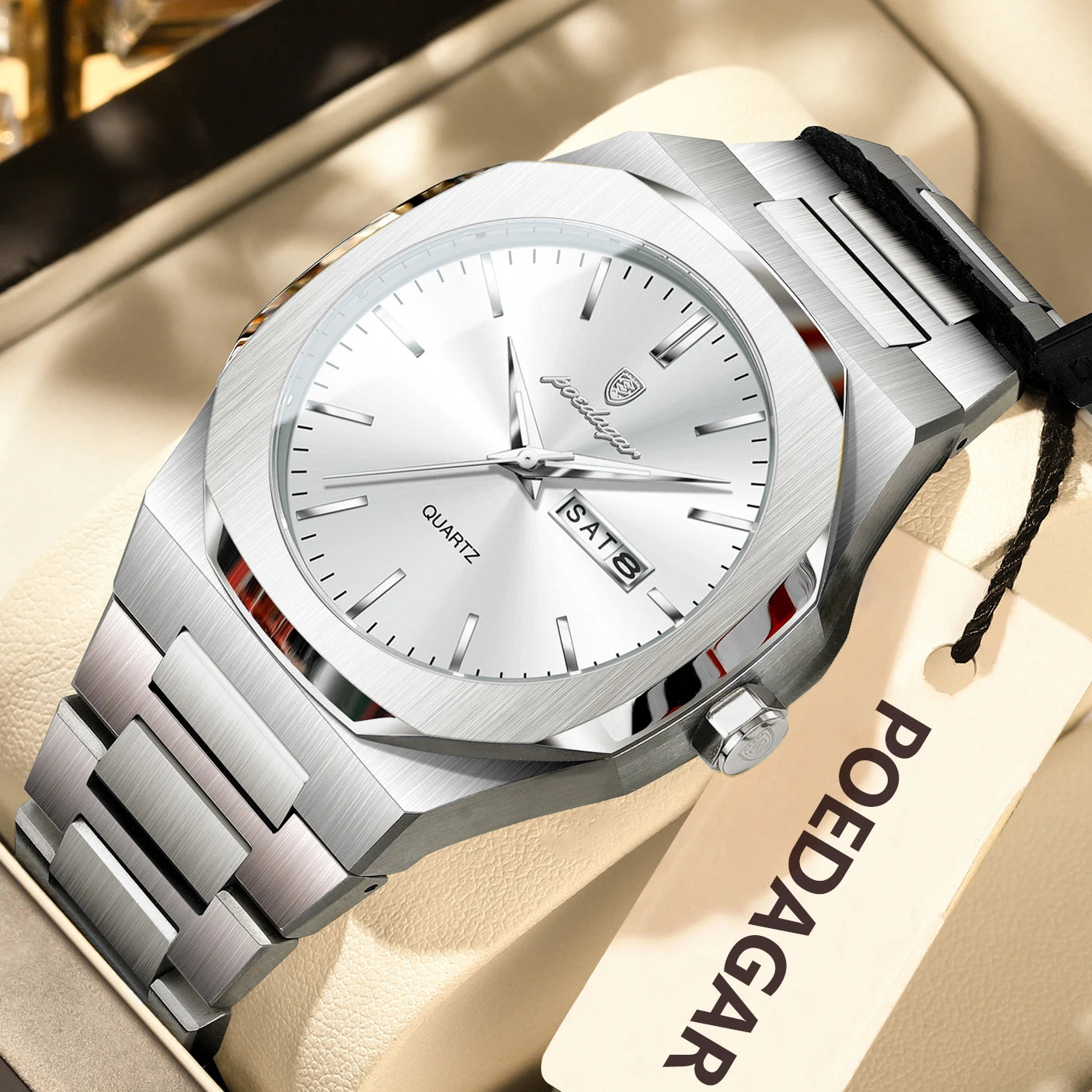 POEDAGAR Fashion Brand Man Clock Luminous Waterproof Stainless Steel Men's Watch Date Week Quartz Business Watches For Men Reloj