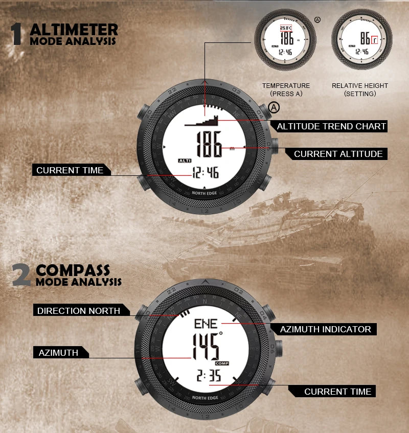 NORTH EDGE DESERT Men Digital Watch Outdoor Sports Running Swimming Outdoor Sport Watches Altimeter Barometer Compass WR50M