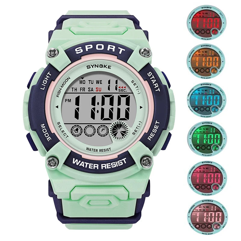 Synoke Shockproof Digital Sport's Watches Fashion PU Strap 50M Waterproof Colorful Light Led Chronograph Women's Wristwatch
