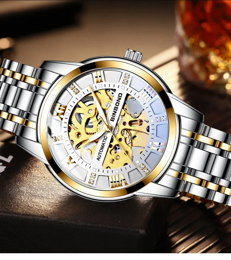Bindond Mens Automatic Mechanical Watches Top Brand Luxury Stainless Steel Waterproof Hollow Male Wristwatches Relogio Masculino