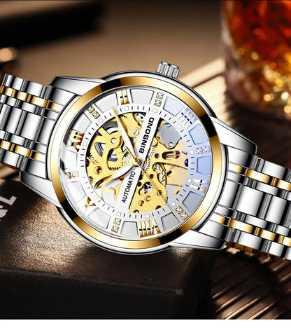 Bindond Mens Automatic Mechanical Watches Top Brand Luxury Stainless Steel Waterproof Hollow Male Wristwatches Relogio Masculino