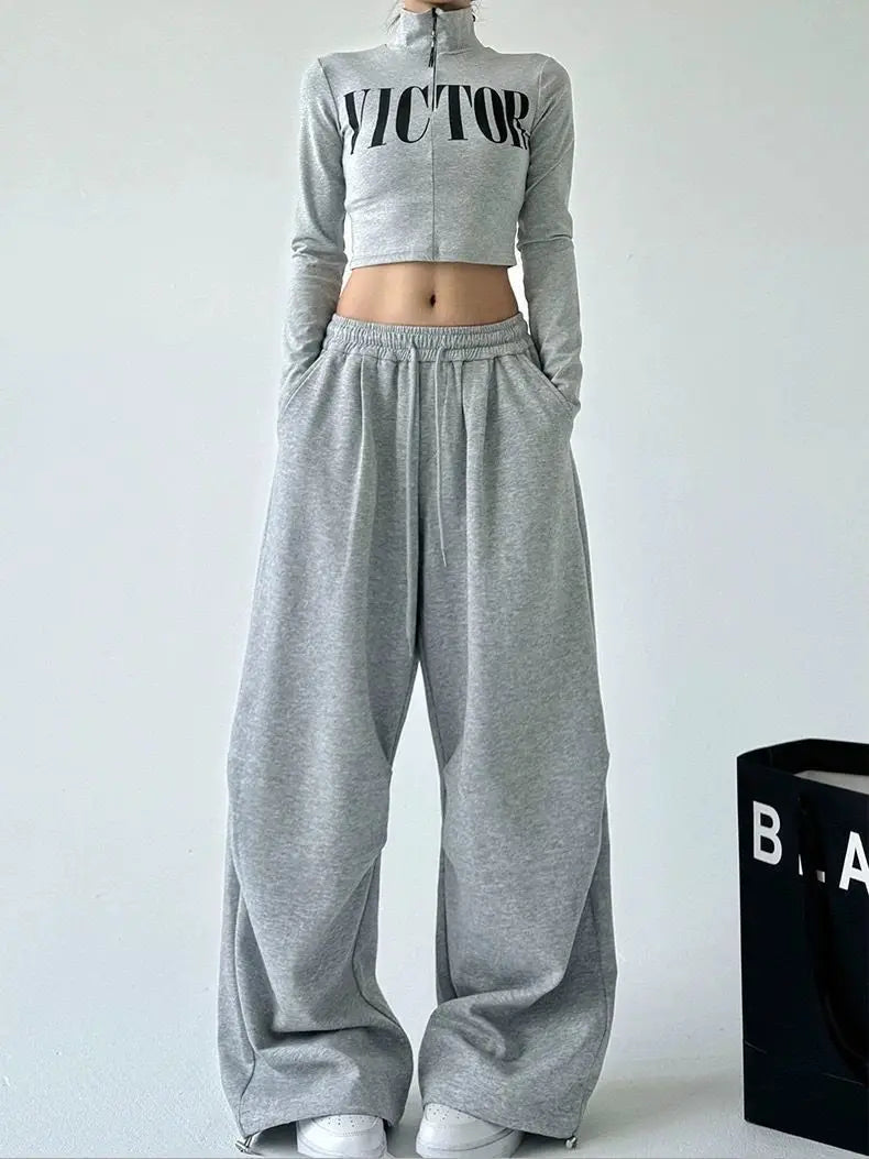 2025 New Harajuku Wide Leg Sweatpants Women Streetwear Baggy Oversize Gray Sports Pants Woman Drawstring Casual Joggers Trousers