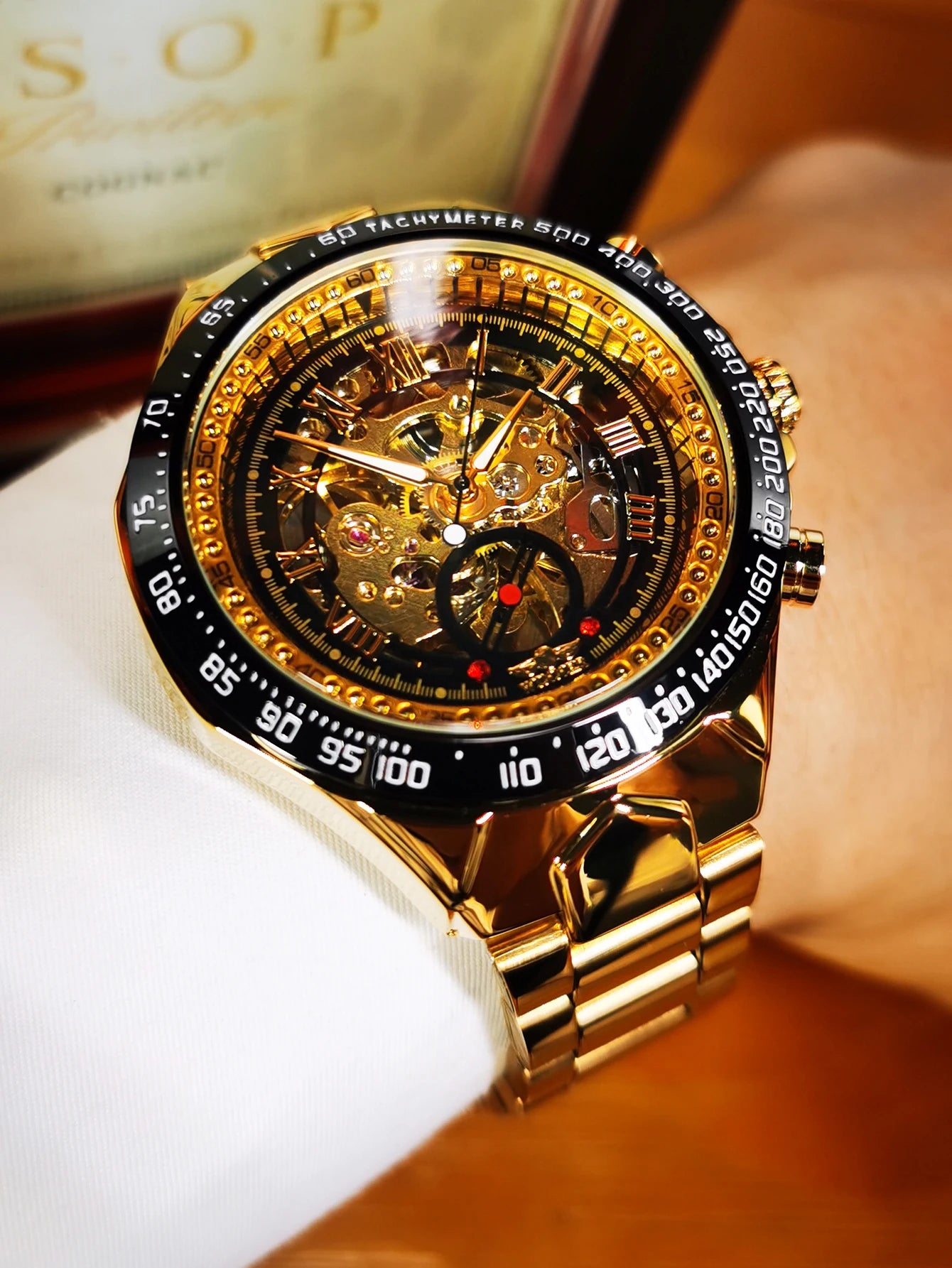 WINNER Gold Transparent Skeleton Automatic Watch for Men Luminous Pointers Luxury Brand Stainless Steel Strap Mechanical Watches