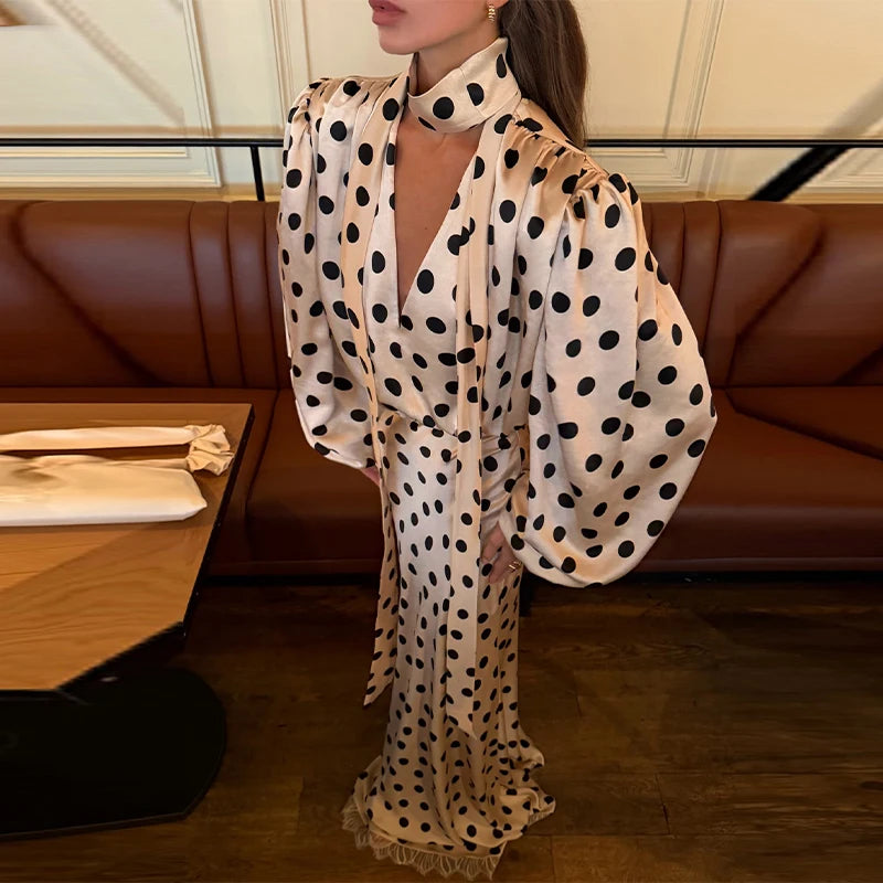 Satin Polka Dots V Neck Maxi Dress Suit Women Elegant Ribbon Full Sleeve Blouse Waist Cinching Long Skirt 2026 Lady Party Outfit