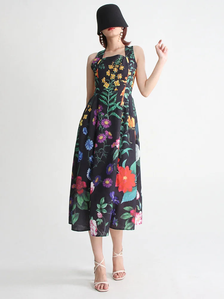 TWOTWINSTYLE Summer Loose Dress For Women Square Collar Sleeveless High Waist Print Colorblock Midi Dresses Female Clothing 2022