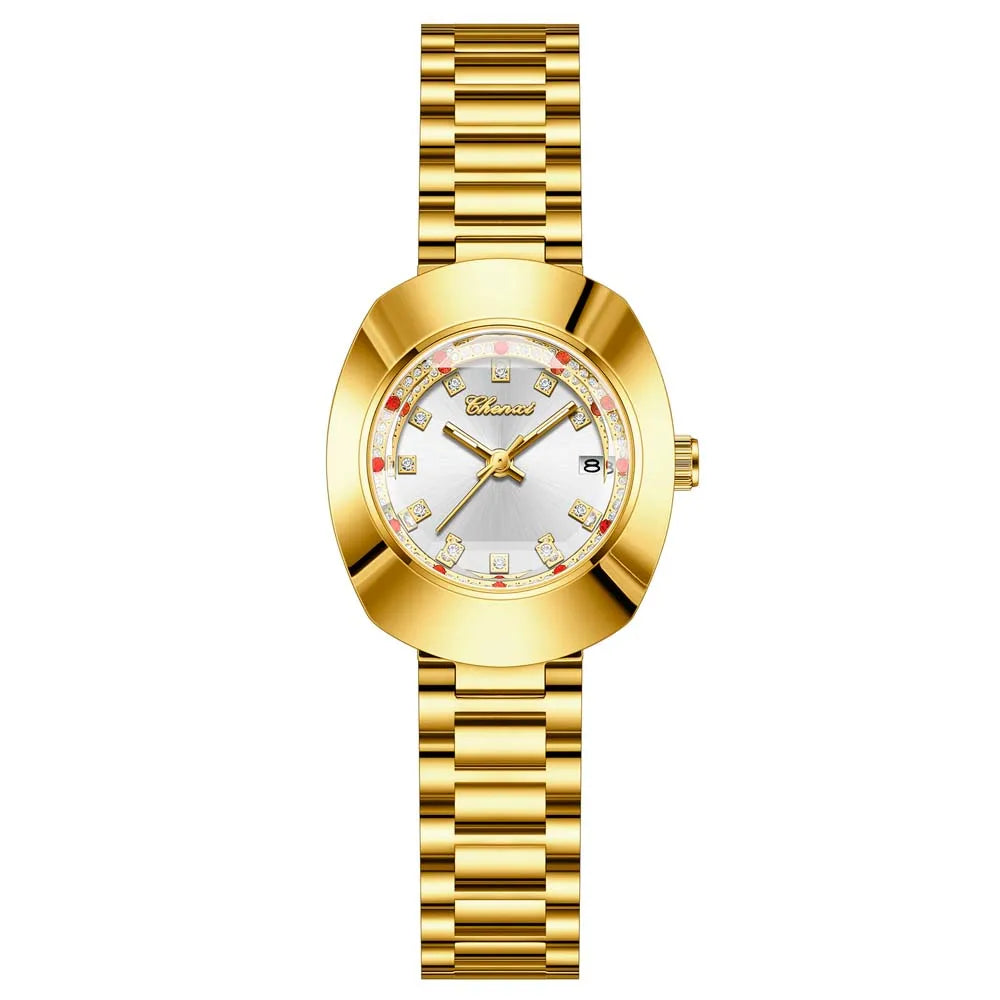 CHENXI Couple's Matching Quartz Watches Gold-Tone High-Fashion Diamond-Studded Waterproof Steel Bracelet Timepieces