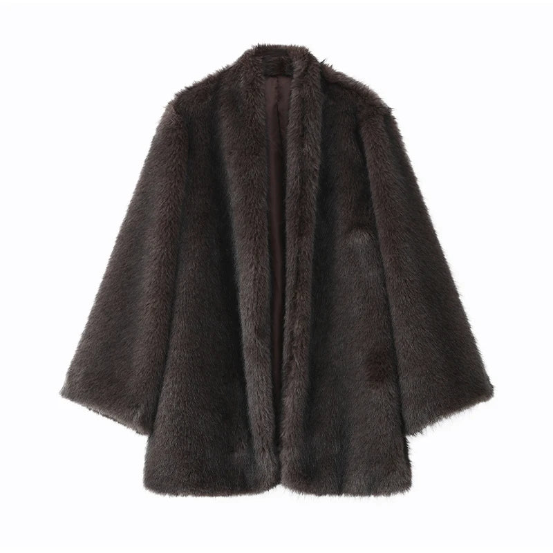 Brown Medium-length Fur Coat Women Lapel Hidden Button Loose  Elegant Outerwear 2025 Fashion Office Lady Commute Overcoat New