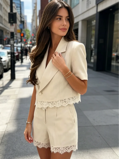 Solid Lapel Lace Patchwork Half Sleeve Shorts Set Women Chic Single Breasted Tops Pockets Pants Suits 2026 Daily Street Outfits