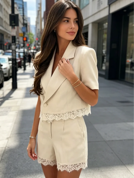Solid Lapel Lace Patchwork Half Sleeve Shorts Set Women Chic Single Breasted Tops Pockets Pants Suits 2026 Daily Street Outfits