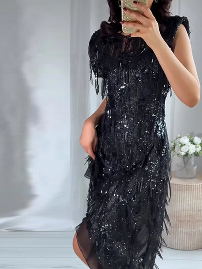 Women Dress Female Clothing Evening Dresses Sleeveless Sequin Dress Sexy Mini Dresses Fringe Hem Gown Trendy Party Clothes