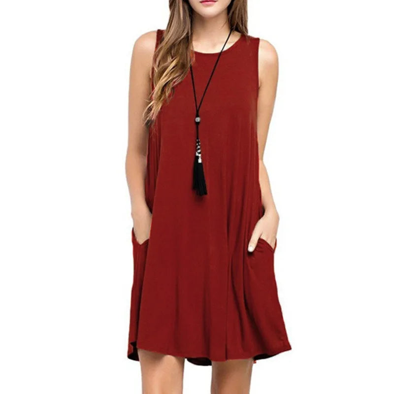 Women Dress Summer Casual Sleeveless T Shirt Dresses Beach Cover Up Plain Pleated Tank Pockets Dress Vacation Style